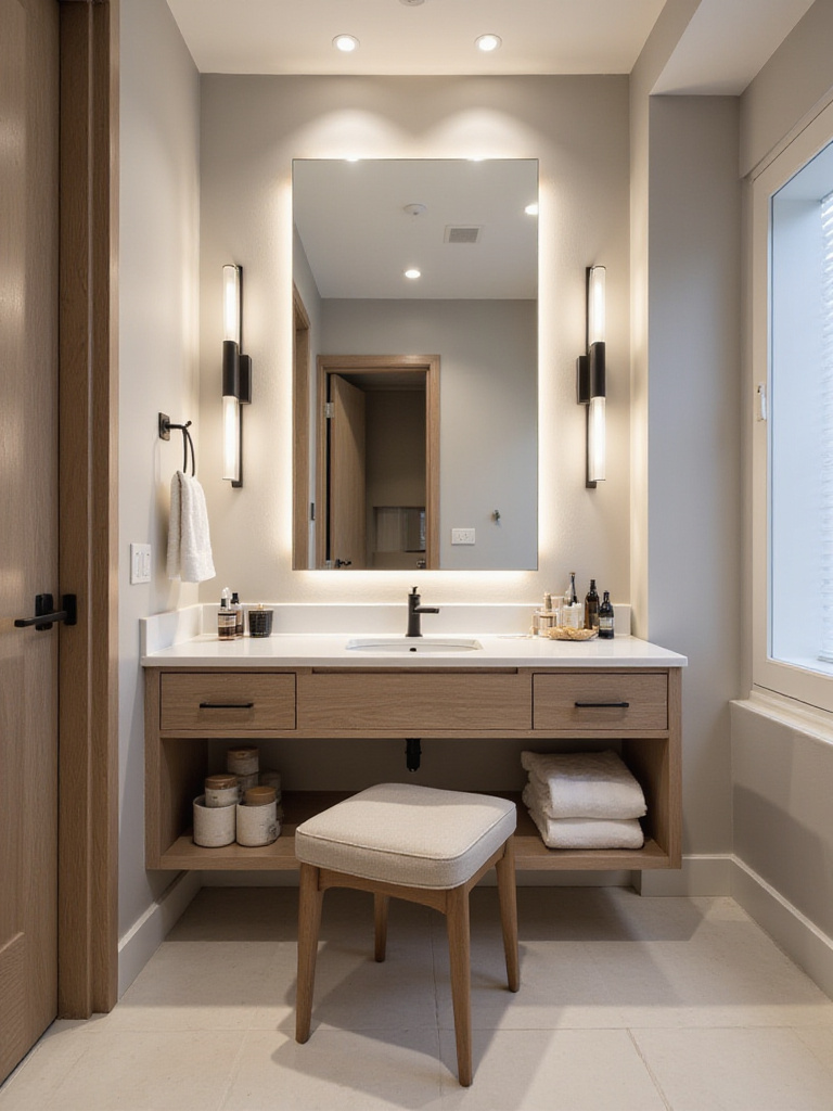 Modern bathroom interior with a dedicated makeup and grooming area featuring a well-lit vanity, mirror, and stool.