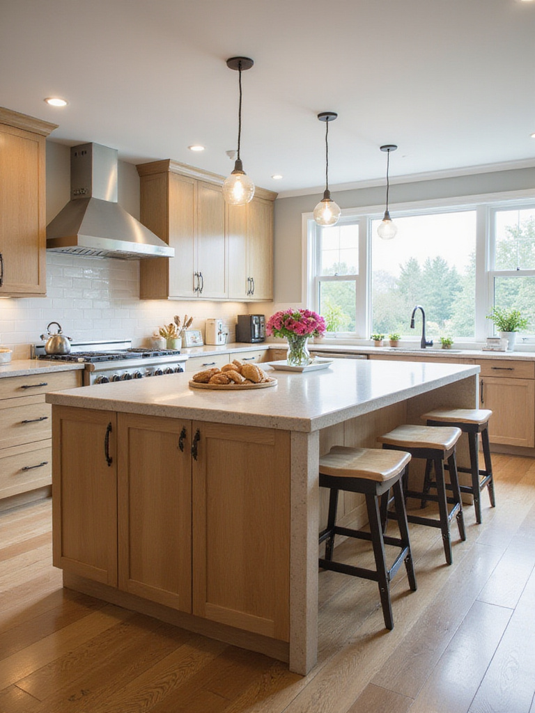 A modern kitchen with a multi-functional kitchen island that includes prep space and seating.