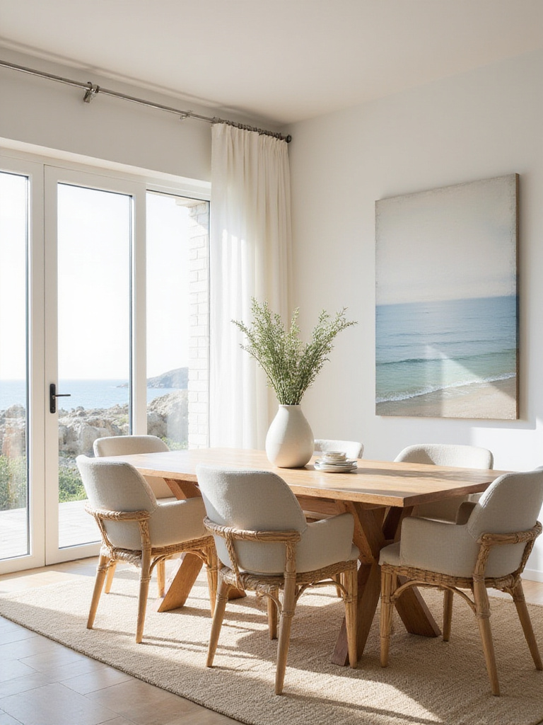 A serene coastal dining room with a wooden table, linen chairs, and natural decor, bathed in soft light.