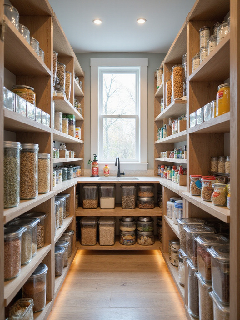 Well-organized modern kitchen pantry with clear containers, pull-out shelves, and good lighting.