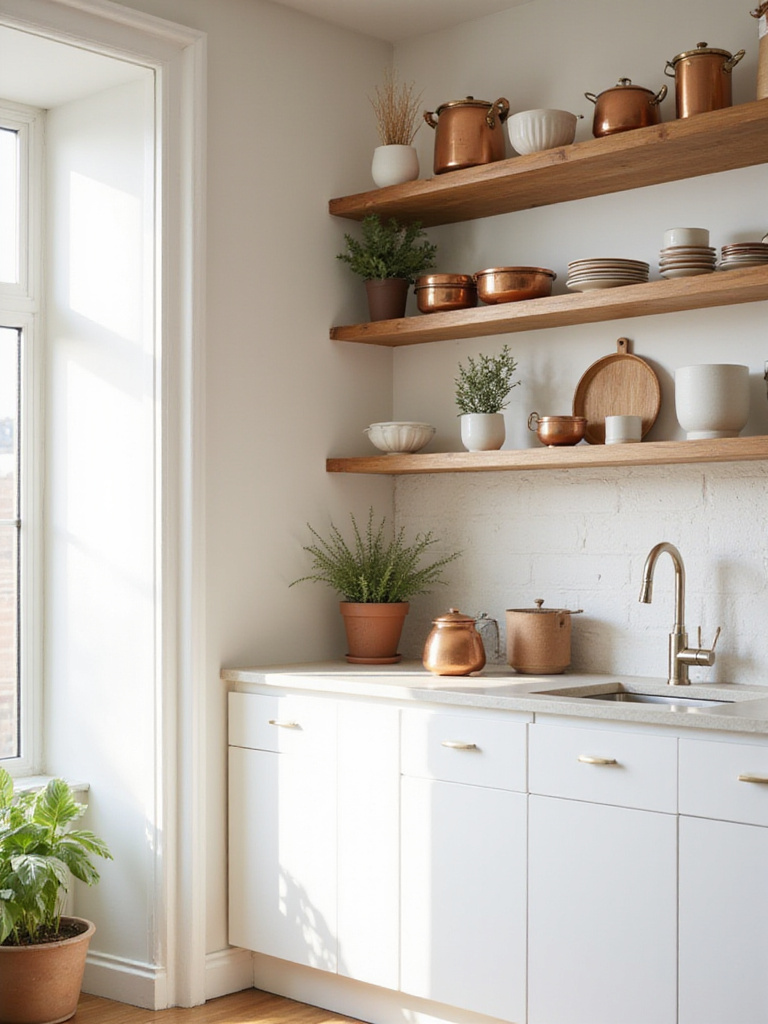 Kitchen with open wooden shelving displaying ceramics and cookware, alongside white cabinets.