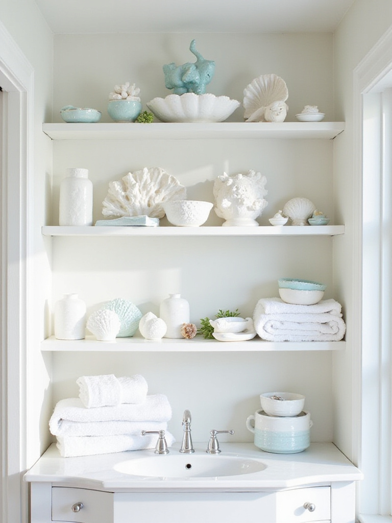 Open shelving in a coastal bathroom displaying a collection of white and blue ceramic seashells, coral, and fish figurines among folded towels.