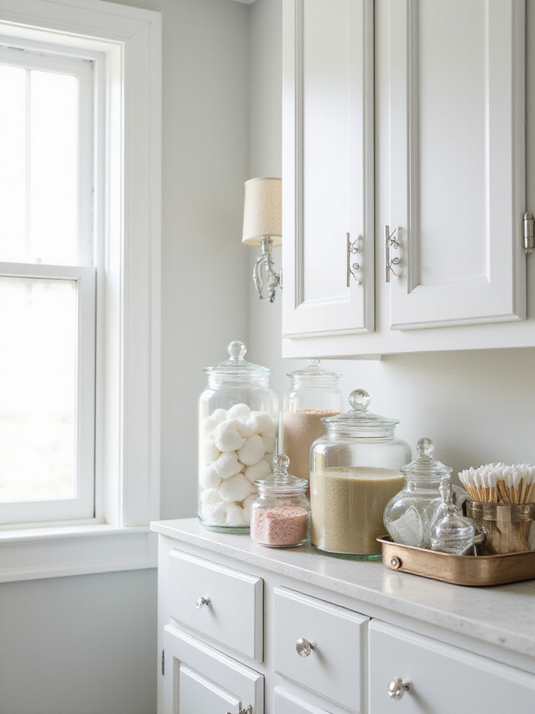 Decorative glass and ceramic jars filled with cotton balls, Q-tips, and bath salts displayed on a bathroom shelf near a cabinet, adding organized style to the space.