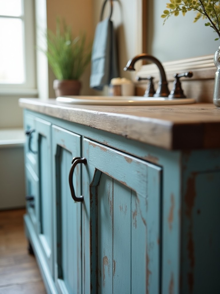 Rustic bathroom vanity with distressed blue cabinet finish and white ceramic sink.