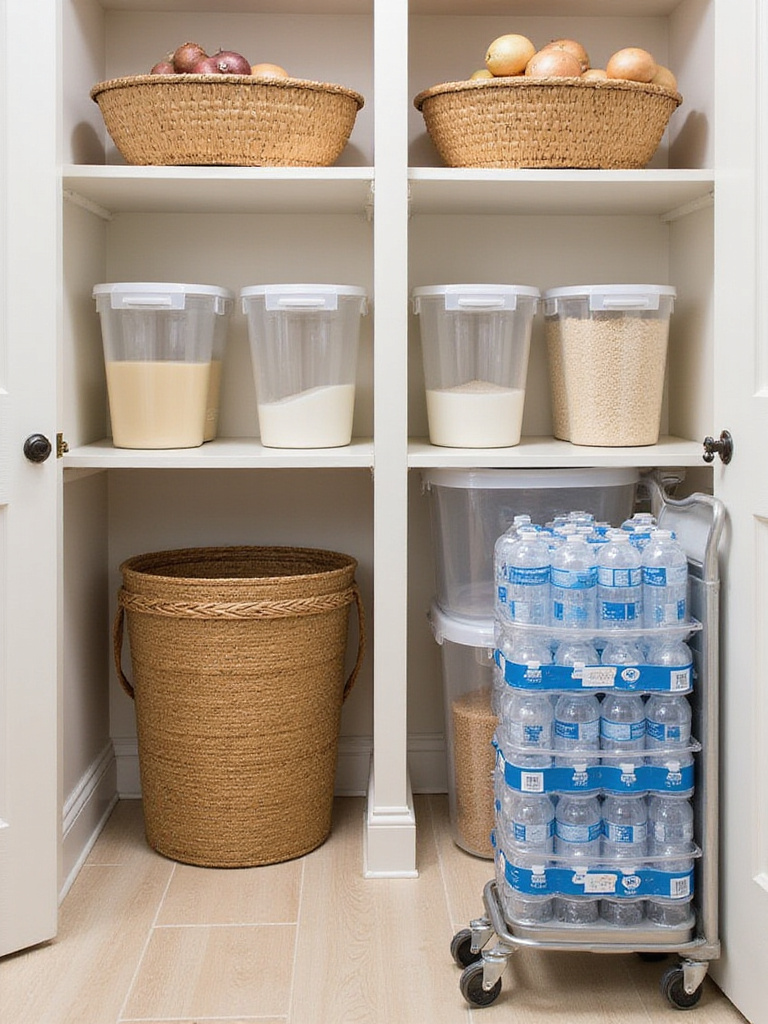 Pantry floor organized with baskets for vegetables, stackable bins for dry goods, and a rolling cart for drinks, showcasing efficient bulk storage.