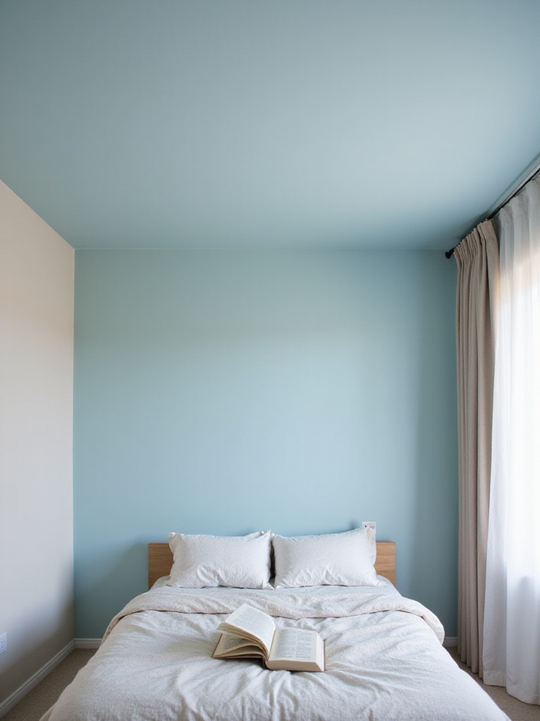 A bedroom with a soft blue painted ceiling, enhancing the "reader's view" and adding an airy feel to the reading space.