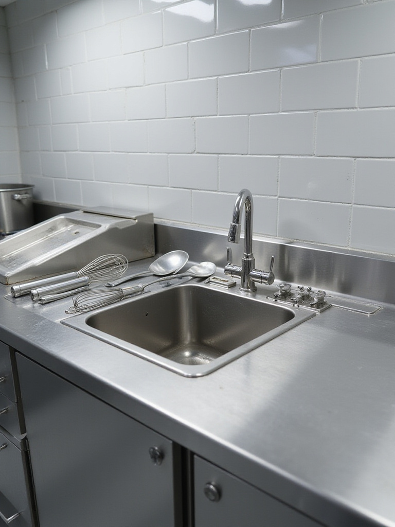 Large stainless steel industrial kitchen sink with an integrated drainboard to the right, showcasing its use for drying kitchen tools.
