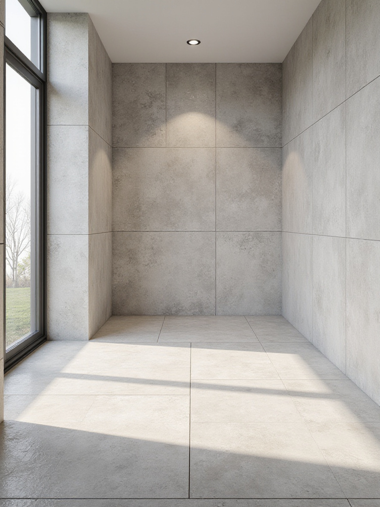 Modern bathroom with durable, large-format porcelain tiles on the floor and natural stone-look porcelain tiles on the shower walls, illustrating a waterproof and low-maintenance design.