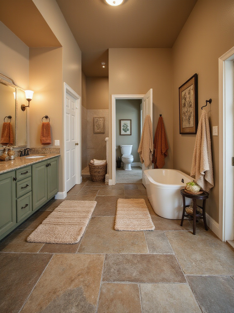 Rustic bathroom with earthy color palette featuring beige walls, sage green vanity, and natural stone flooring.