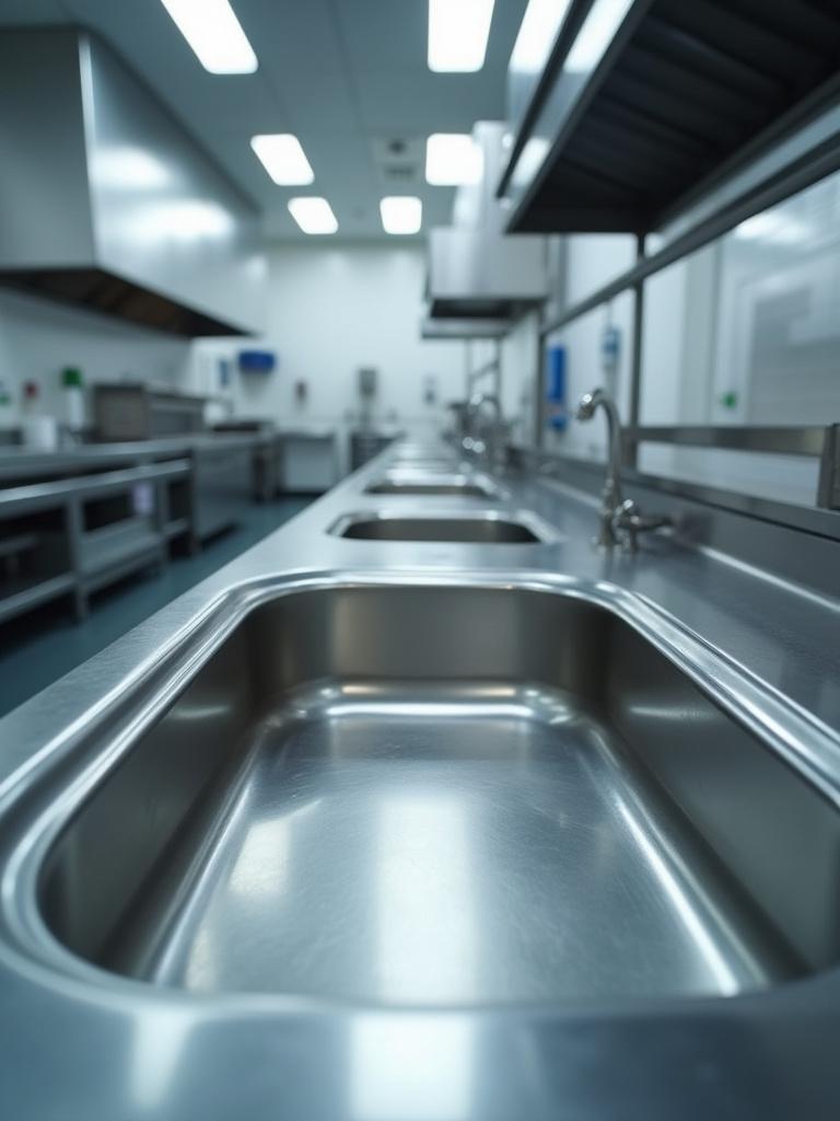 Large stainless steel industrial kitchen sink with a marine edge and rolled basin edge in a clean commercial kitchen, illustrating safety and containment features.