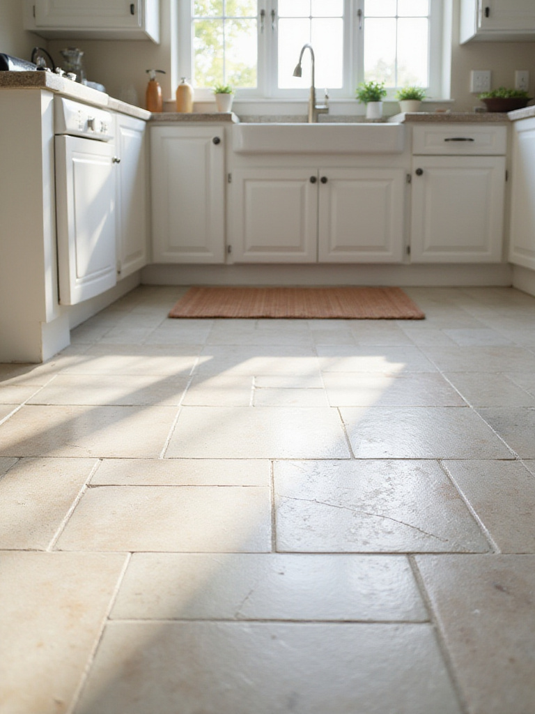 Clean and shiny kitchen tile floor with a rug in front of the sink