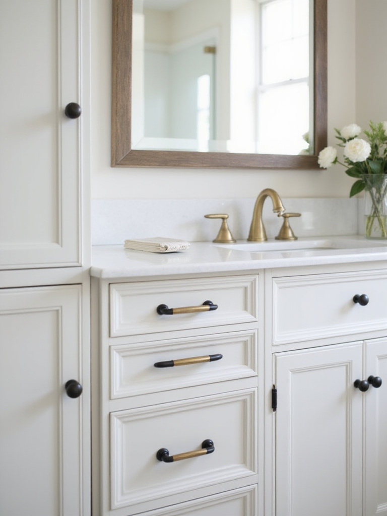 Bathroom vanity cabinets featuring stylish new hardware including brushed brass pulls and matte black knobs, illustrating how changing hardware can elevate bathroom decor.