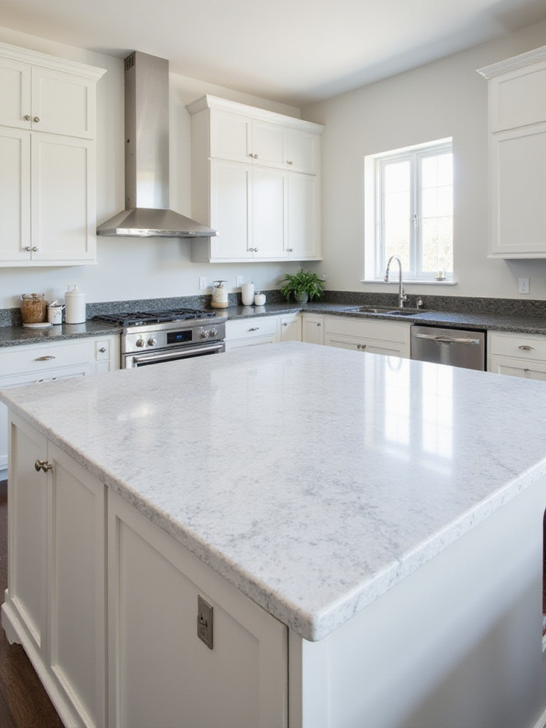Modern kitchen with quartz waterfall island and granite countertops