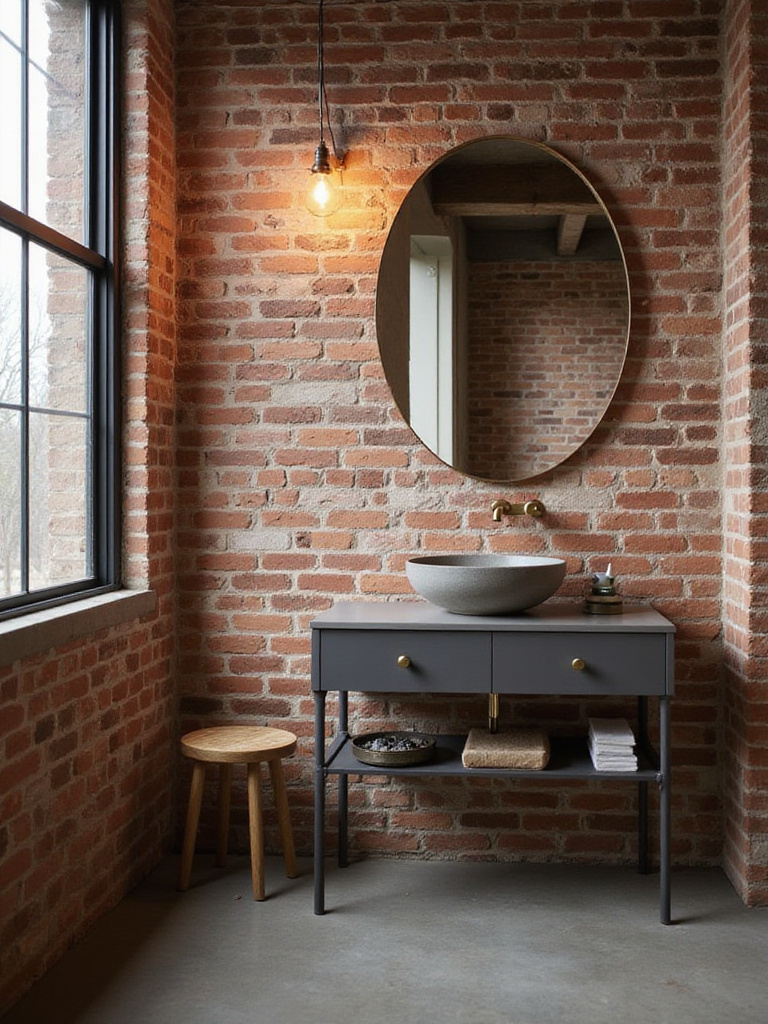 Industrial bathroom with exposed brick wall and modern vanity