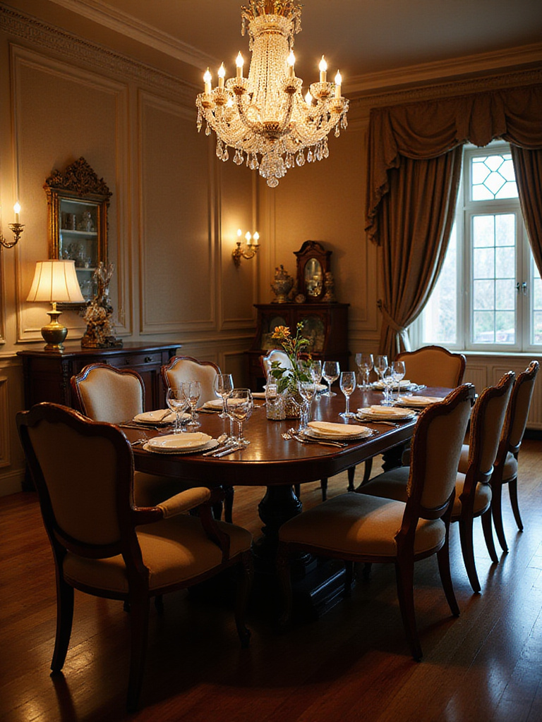 Luxurious formal dining room with a grand chandelier and table set for a special occasion.