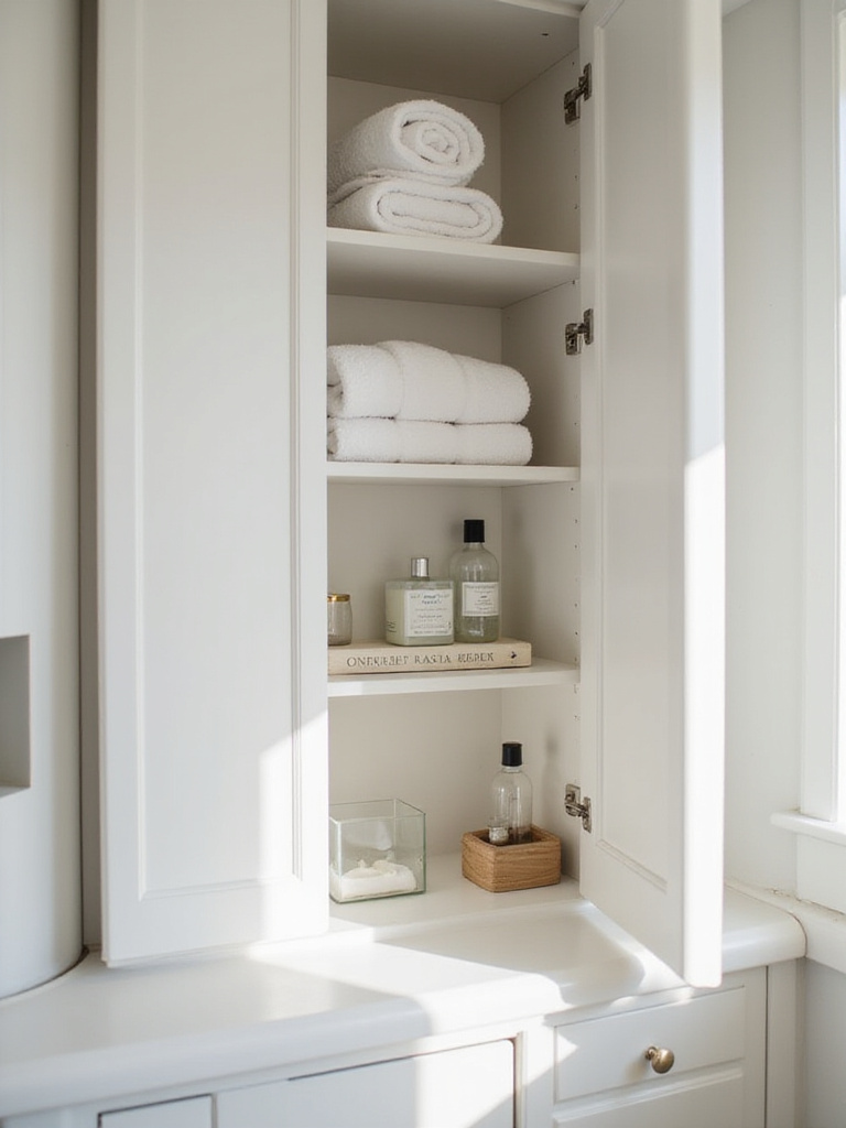 Open bathroom cabinet showcasing a minimalist organization style with essential items neatly arranged on spacious shelves, emphasizing decluttering.