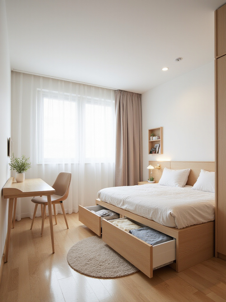 Small bedroom featuring multifunctional platform bed with drawers and a fold-down wall desk for space maximization.