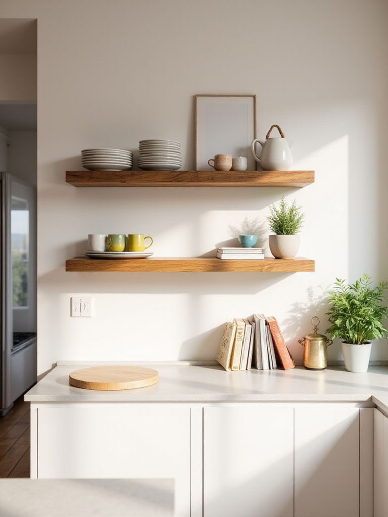 Modern kitchen wall featuring open wooden shelves styled with white dishes, colorful mugs, and cookbooks above a white countertop.