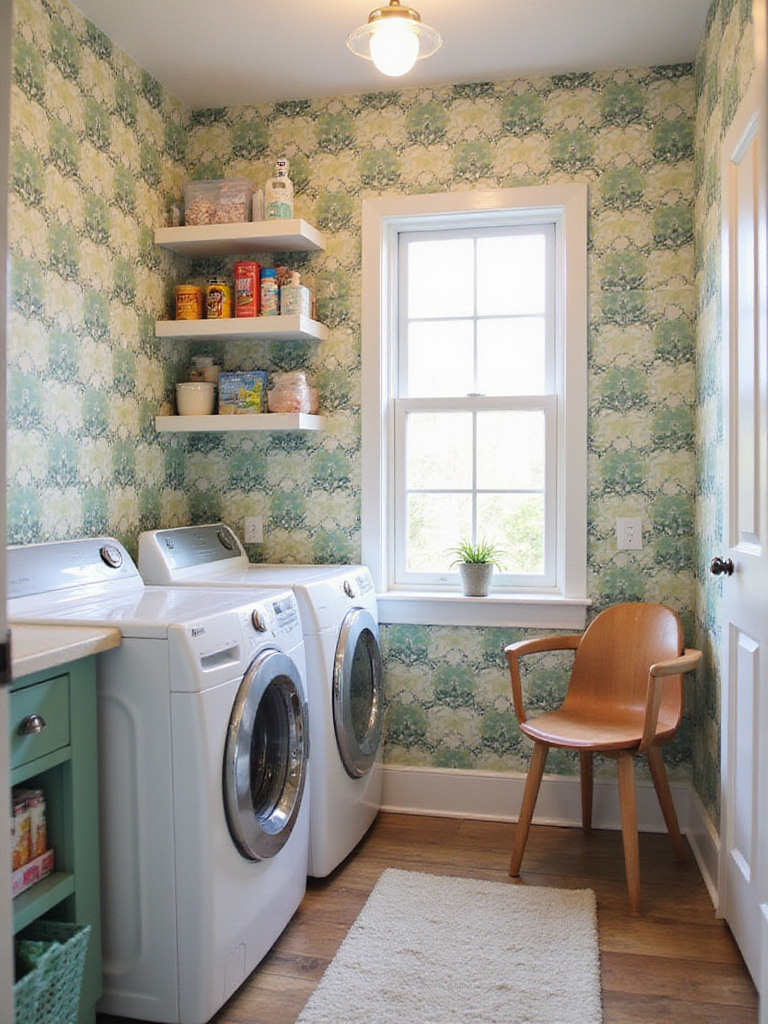 Beautifully styled laundry room with vibrant peel-and-stick wallpaper and modern appliances.