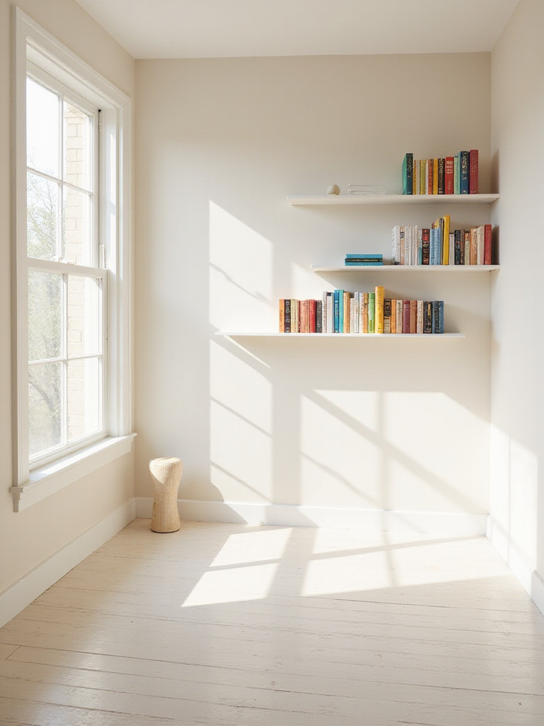 A simple and bright bedroom painted in warm white, offering a clean and airy "literary breathing room."