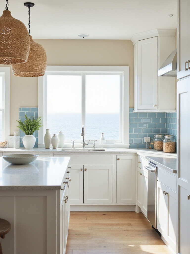 Bright coastal kitchen featuring white cabinets, sandy beige walls, and a blue tile backsplash, bathed in natural light.