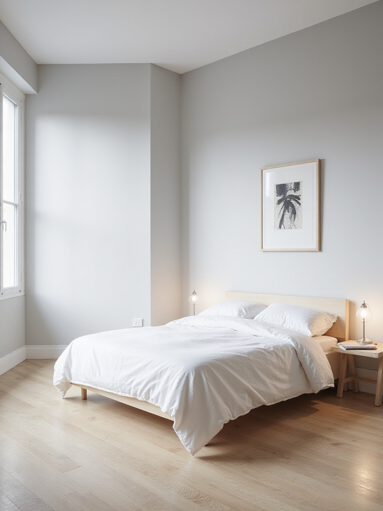 Minimalist small bedroom design with platform bed and neutral color scheme.