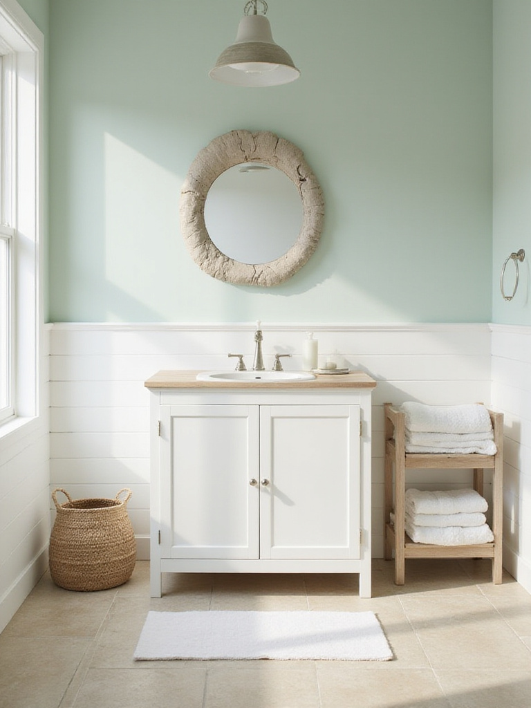 A serene coastal bathroom featuring soft seafoam green walls, white shiplap, sandy beige floor tiles, a white vanity with a wood top, and a driftwood mirror, showcasing a calming coastal color palette.