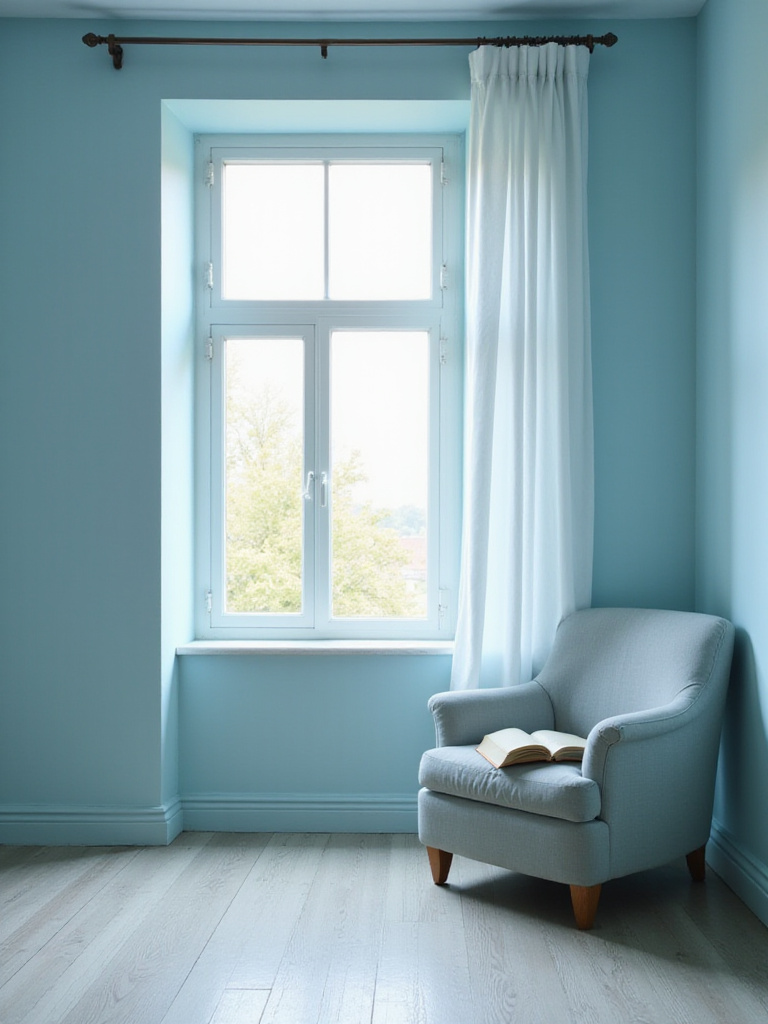 A tranquil bedroom painted in soft sky blue, with natural light highlighting a reading chair, embodying a calming reading retreat.