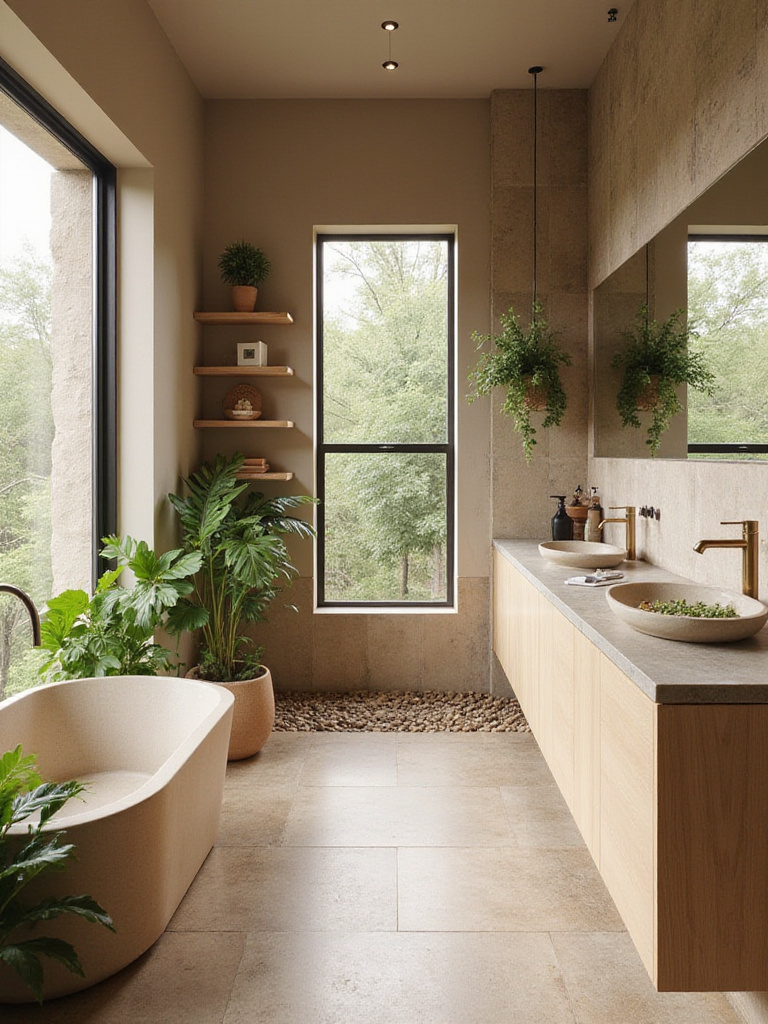 A luxurious spa-like bathroom featuring a natural wood vanity, stone wall tiles, a freestanding tub, and lush green plants, creating a serene and organic atmosphere.