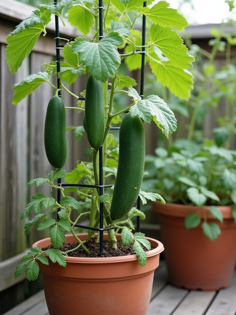 Employing vertical support like trellises or cages for climbing container vegetables such as cucumbers and pole beans to save space and improve plant health.