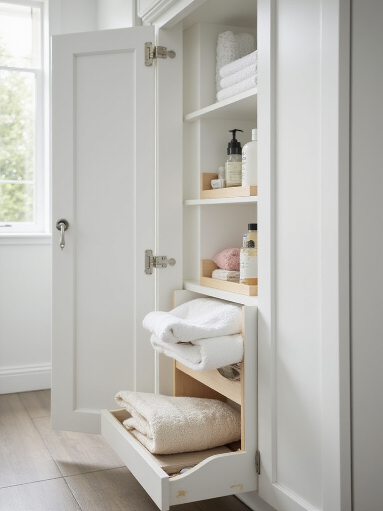 Open bathroom cabinet revealing functional pull-out shelves with neatly organized toiletries and supplies, enhancing accessibility.