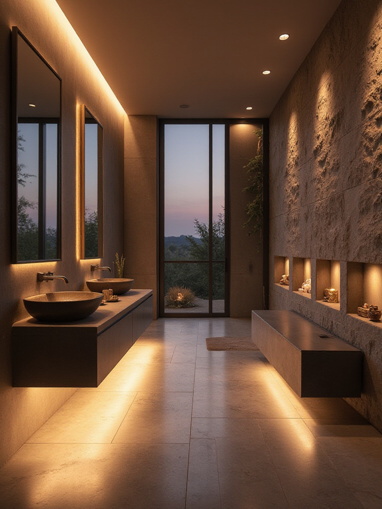 Modern bathroom with warm accent lighting under a floating vanity and in shower niches, enhancing the luxurious ambiance.