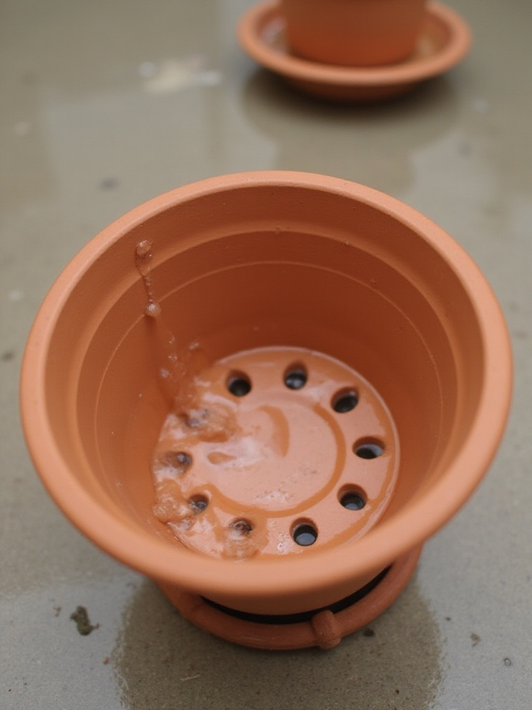 A container with adequate drainage holes allowing excess water to escape, contrasted with a waterlogged pot, to prevent root rot in vegetable gardens.