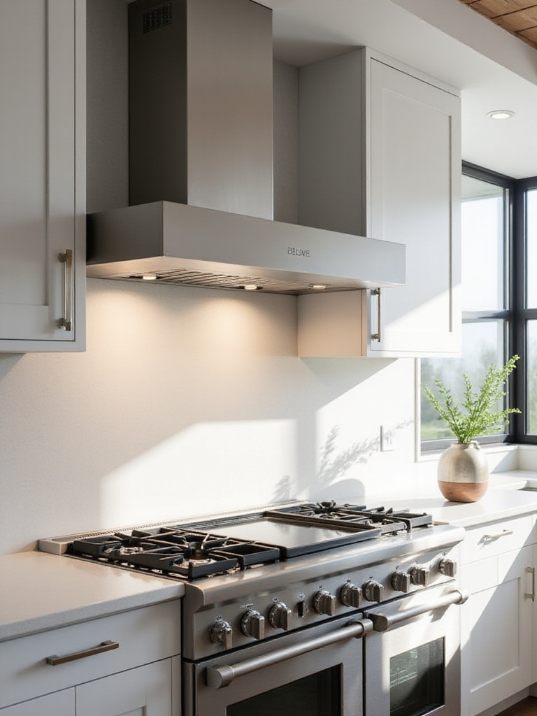 Stylish modern kitchen with a sleek range hood above a gas range, enhancing ventilation and design.