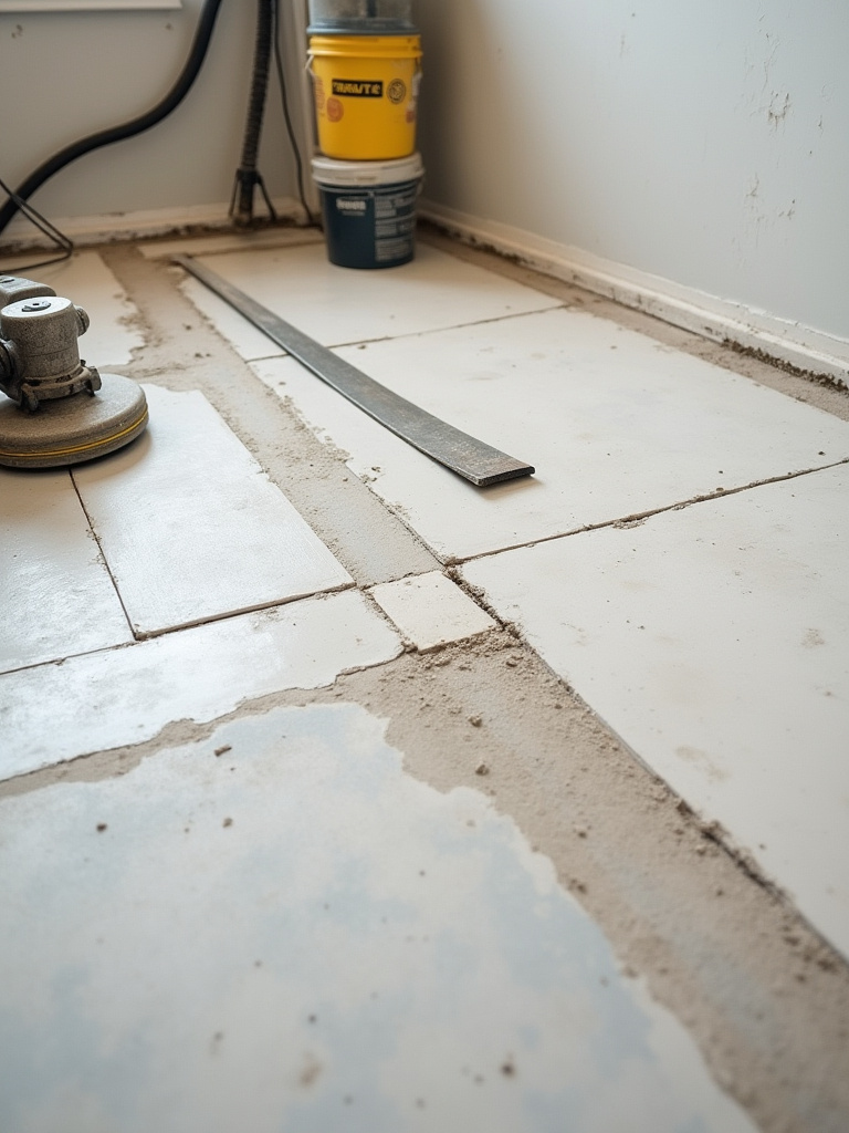 Concrete kitchen subfloor being prepared for tile installation, showing grinding tools and leveling checks.