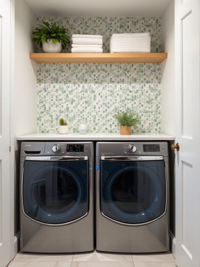 Laundry room with vibrant wallpaper accent wall behind appliances