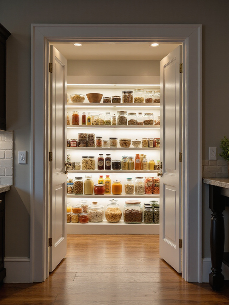 Interior view of a well-organized kitchen pantry with bright LED strip lighting installed under each shelf, clearly illuminating food items and containers for excellent visibility.