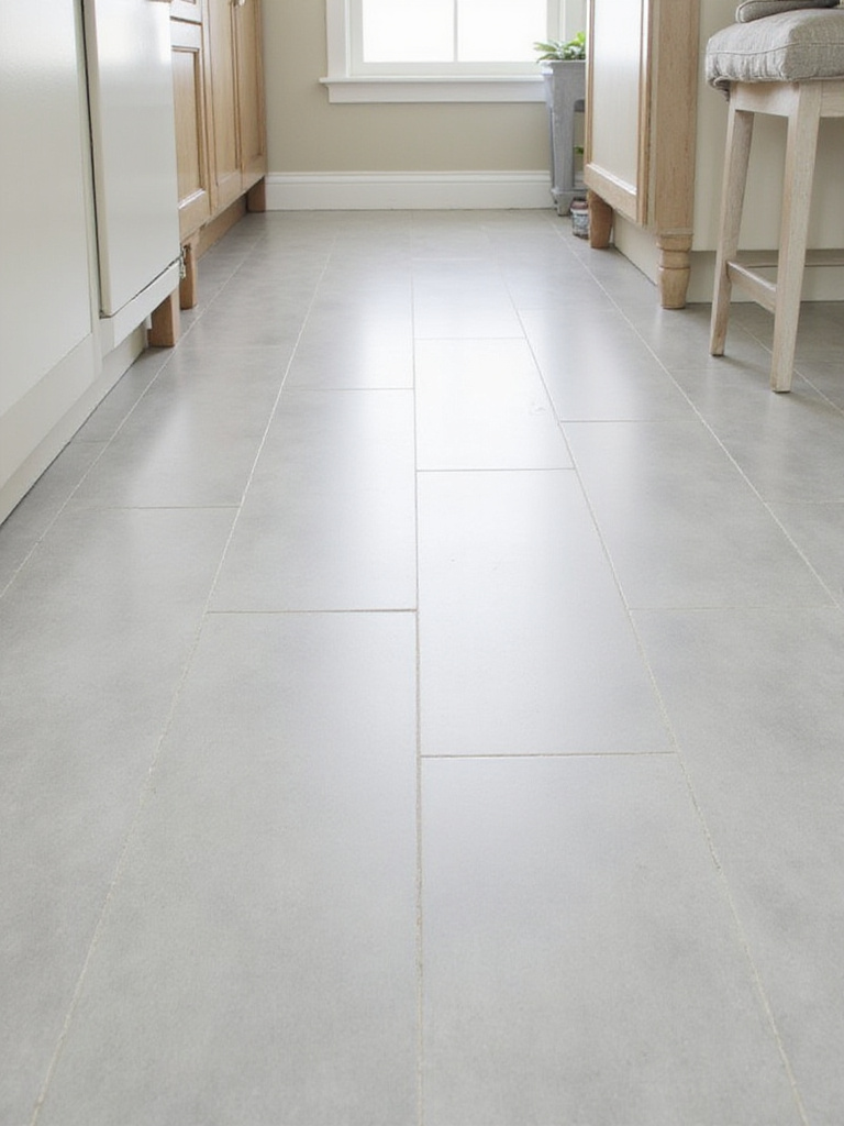 Kitchen floor covered with budget-friendly light gray stone-look peel-and-stick vinyl tiles.