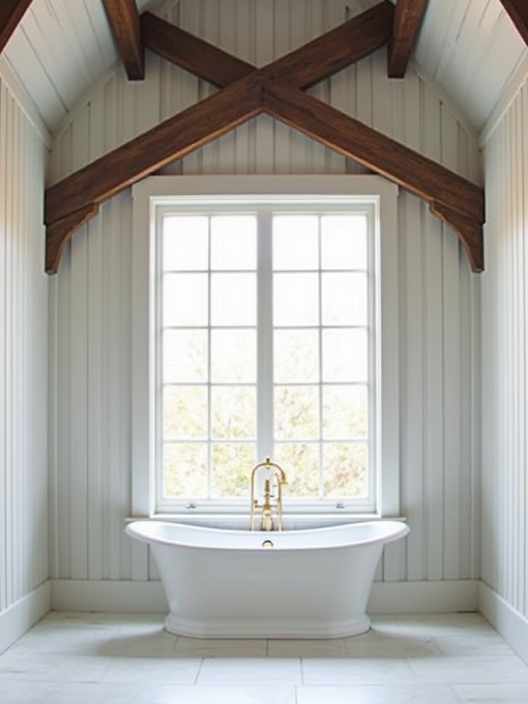 Rustic bathroom with exposed wood beams and freestanding bathtub.