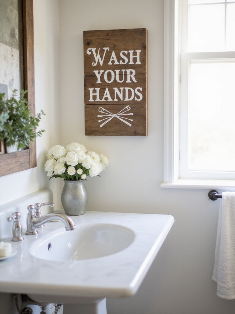 Rustic wooden sign with 'Wash Your Hands' in a farmhouse bathroom setting.