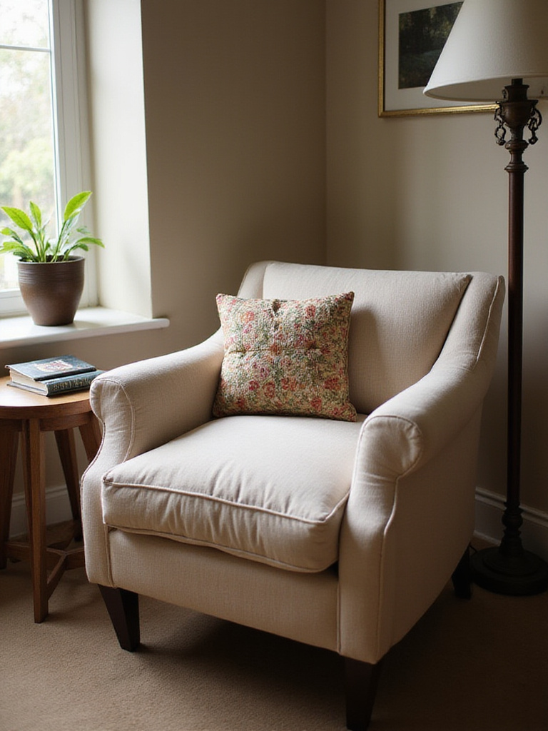 An armchair in a living room featuring a comfortable seat cushion and a decorative pad, illustrating how padding adds both style and comfort to a chair.