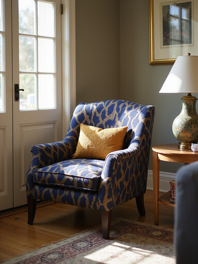 A vibrant accent chair upholstered in a bold patterned fabric serves as a focal point in a stylish living room.