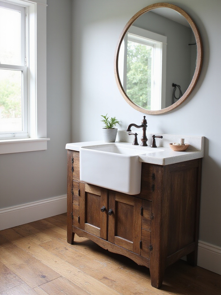 Rustic bathroom with white fireclay farmhouse sink and reclaimed wood vanity.