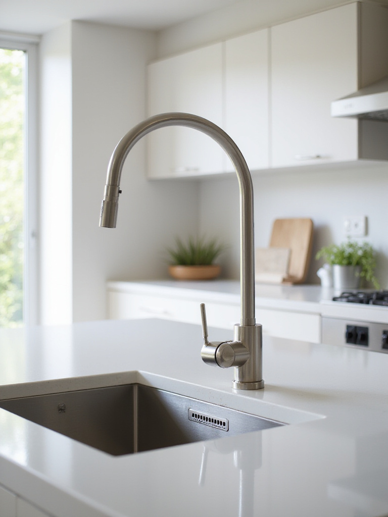 Modern kitchen with a stylish stainless steel pull-down faucet.