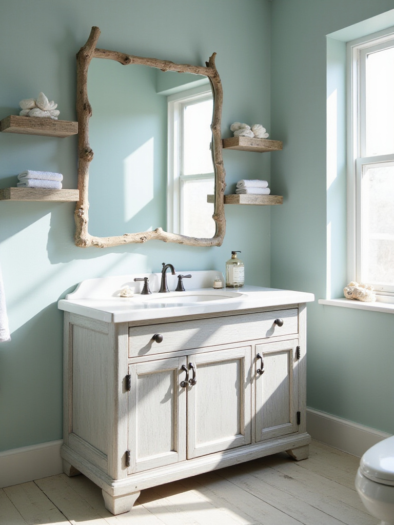 Coastal bathroom with a distressed light grey wood vanity, a driftwood-framed mirror, and weathered wood open shelving.