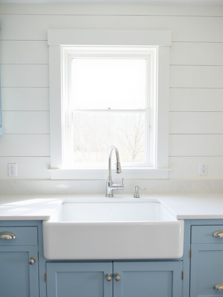 A white fireclay farmhouse sink installed in a light blue coastal kitchen with white countertops and shiplap walls.