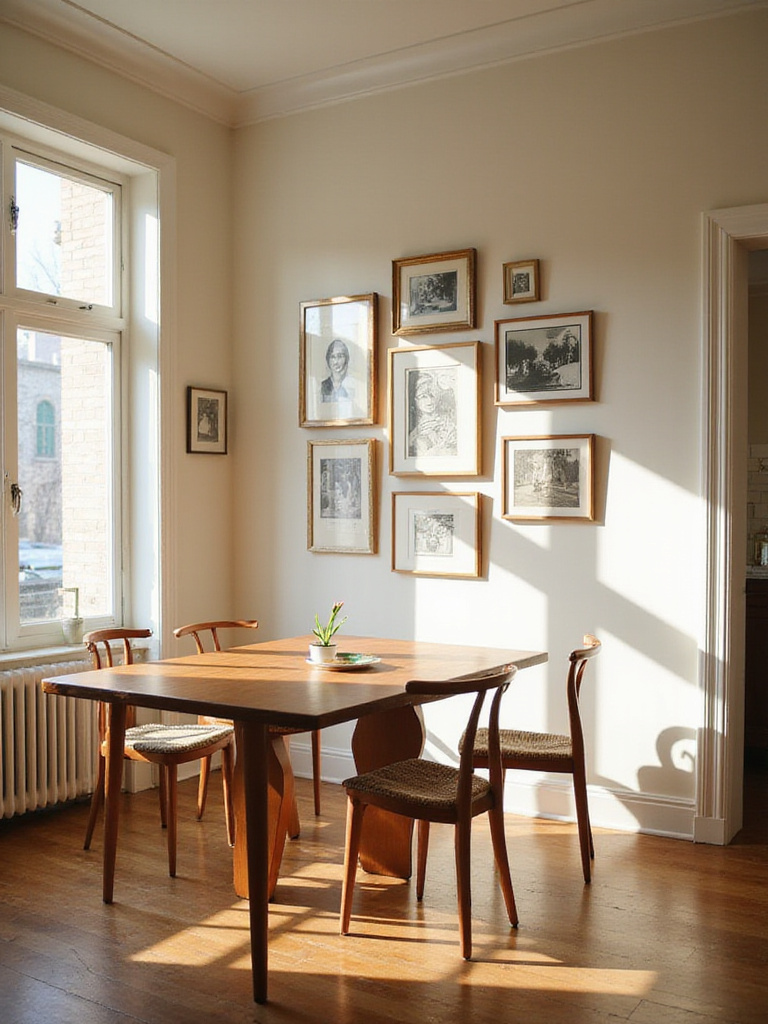 A stylish dining room with a large, striking gallery wall featuring a mix of framed art, photos, and mirrors above a dining table.