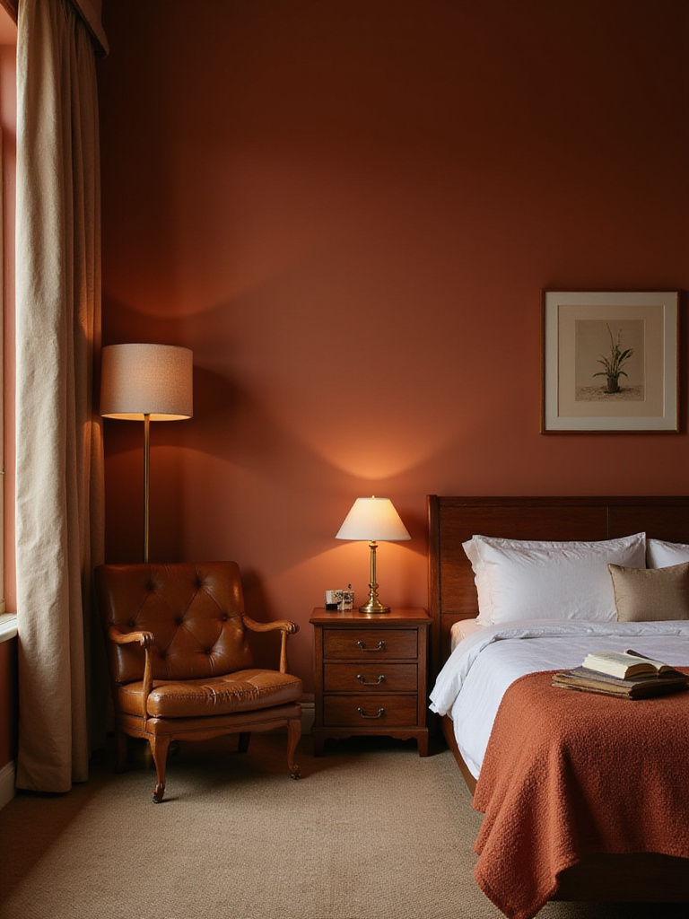 A bedroom with warm terracotta earth tone walls, wooden furniture, and a leather armchair, creating a grounded and timeless reading space.
