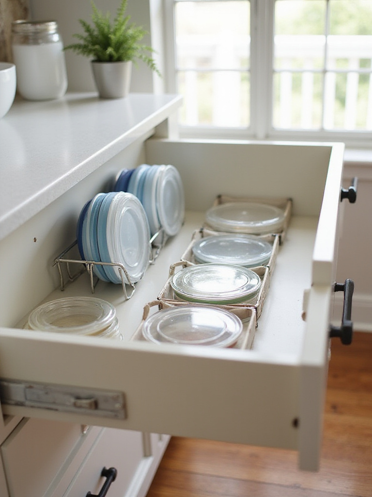Kitchen drawer organized with various food container lids stored vertically in racks and separated by dividers.