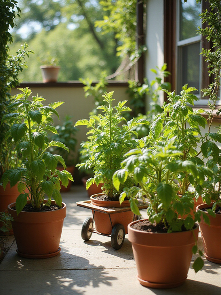 Finding the optimal sunlight spot for container vegetables, showing plants basking in 6-8 hours of direct sun for peak yields.